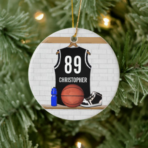 Personalised Black and White Basketball Jersey Ceramic Tree Decoration