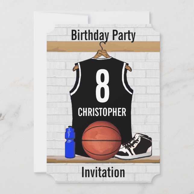 Personalised Black and White Basketball Jersey Invitation (Front)