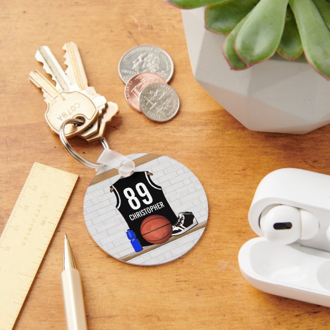 Personalised Black and White Basketball Jersey Key Ring (Desk)