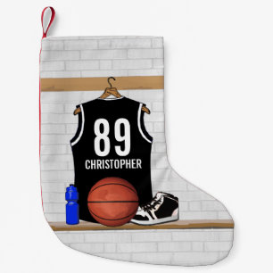 Personalised Black and White Basketball Jersey Small Christmas Stocking