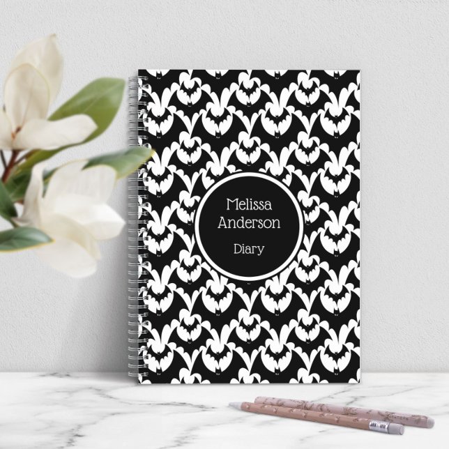 Personalised Black And White Bats Notebook (Bats Horror Gothic Pattern Personalized Name Black Notebook)