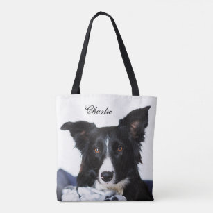 Personalised Black and White Border Collie Tote Bag