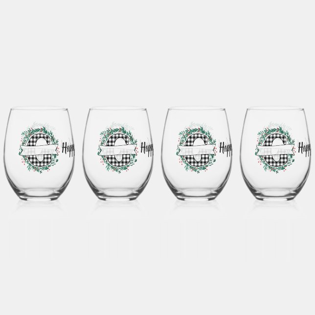 Personalised Black And White Buffalo Plaid (G) Stemless Wine Glass (Front)