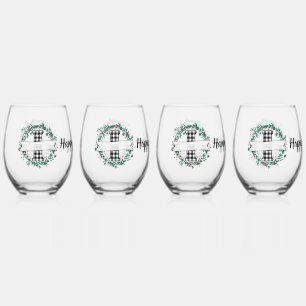 Personalised Black And White Buffalo Plaid (I) Stemless Wine Glass