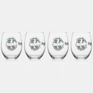 Personalised Black And White Buffalo Plaid (K) Stemless Wine Glass