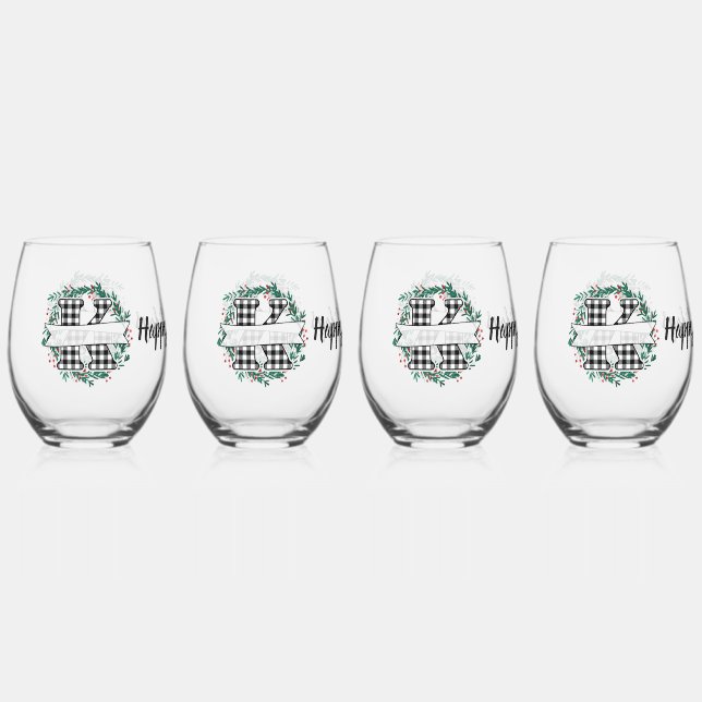 Personalised Black And White Buffalo Plaid (K) Stemless Wine Glass (Front)
