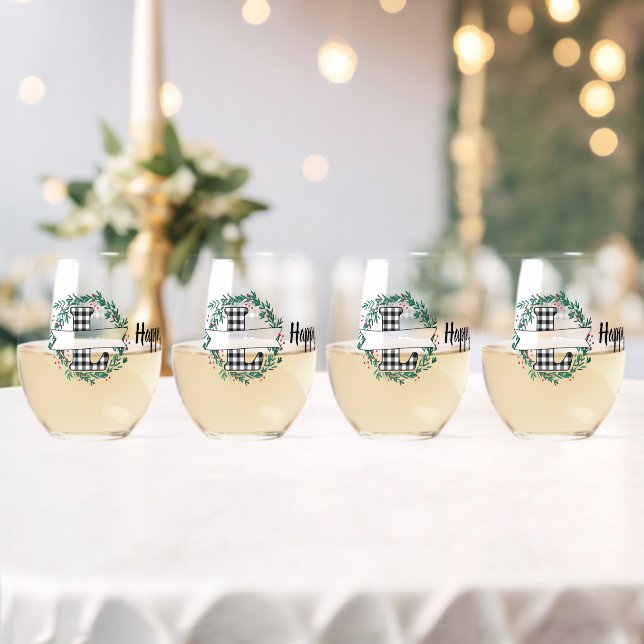 Personalised Black And White Buffalo Plaid (L) Stemless Wine Glass (Insitu (Wedding))