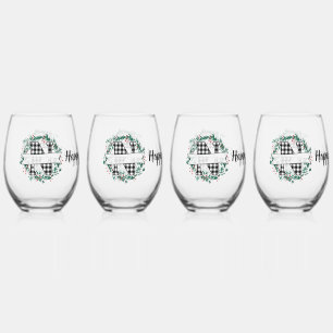 Personalised Black And White Buffalo Plaid (N) Stemless Wine Glass