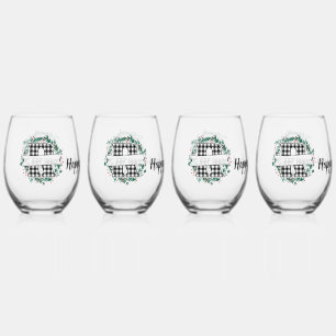 Personalised Black And White Buffalo Plaid (R) Stemless Wine Glass