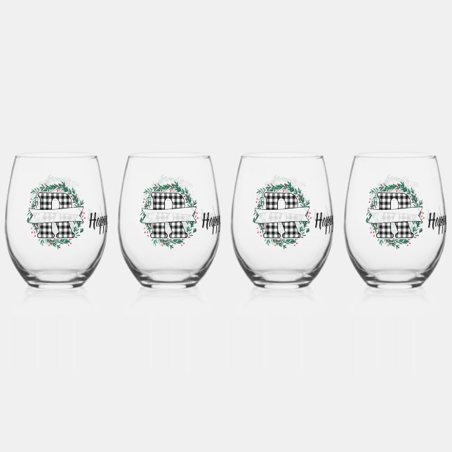 Personalised Black And White Buffalo Plaid (R) Stemless Wine Glass (Front)