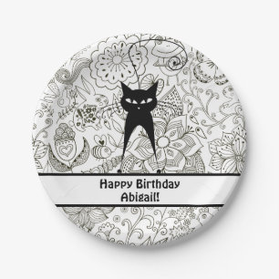 Personalised Black and White Cat Birthday Plates