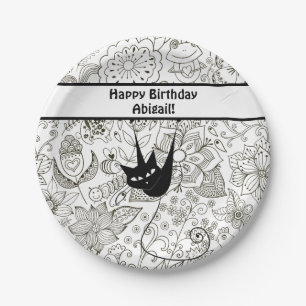 Personalised Black and White Cat Birthday Plates