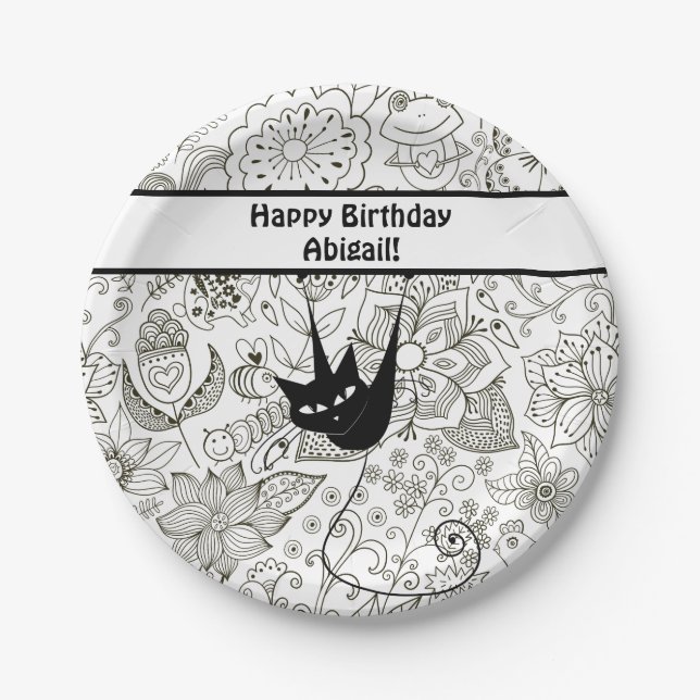 Personalised Black and White Cat Birthday Plates (Front)