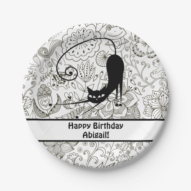 Personalised Black and White Cat Birthday Plates (Front)