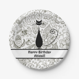 Personalised Black and White Cat Happy Birthday Paper Plate