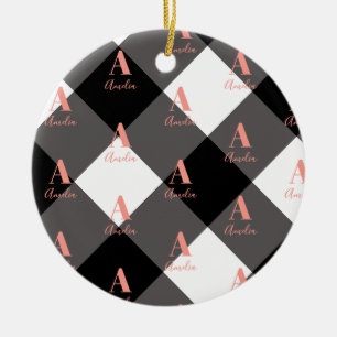 Personalised Black and White Check Ceramic Tree Decoration