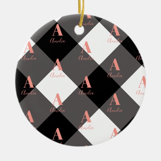 Personalised Black and White Check Ceramic Tree Decoration (Front)