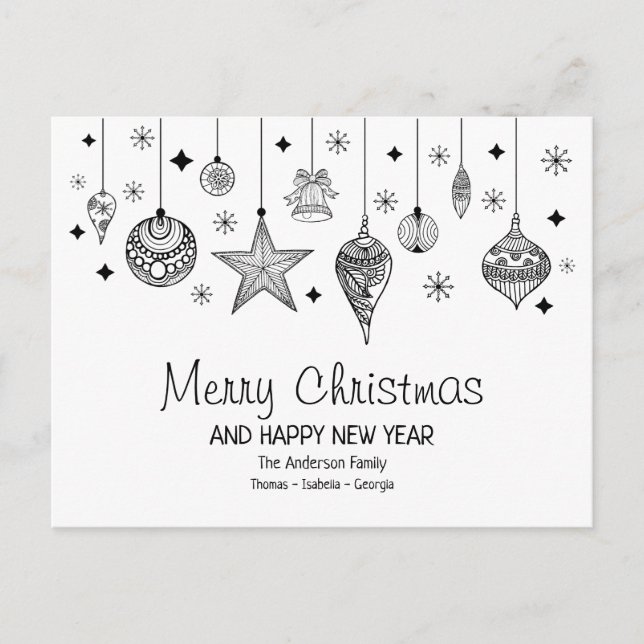 Personalised Black and White Christmas Baubles Postcard (Front)