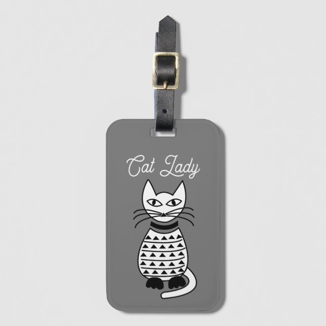 Personalised Black and White Geometric Cat Luggage Tag (Front Vertical)