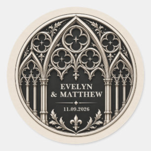 Personalised Black and White Gothic Wedding Classic Round Sticker