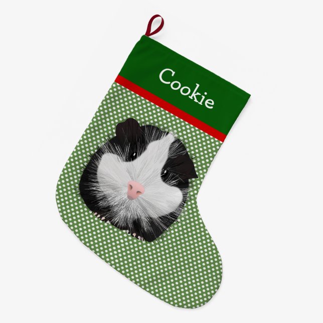 Personalised Black And White Guinea Pig Large Christmas Stocking (Front (Hanging))
