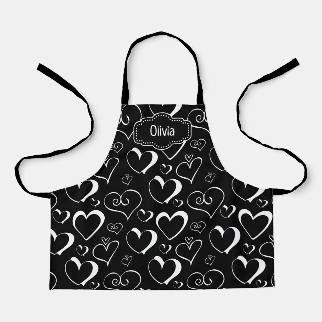 Personalised Black and White Hearts Apron (Front)
