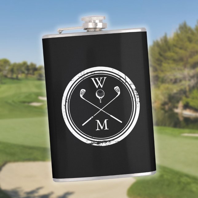 Personalised Black And White Monogram Golf Hip Flask (Creator Uploaded)
