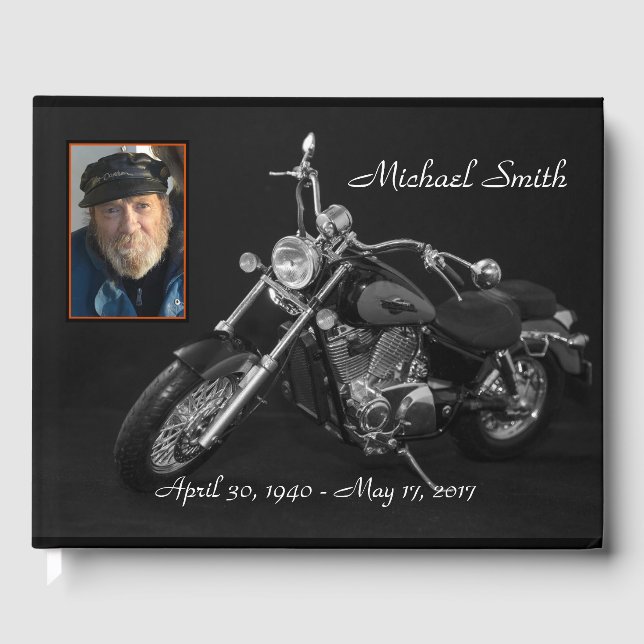 Personalised Black and White Motorcycle Memorial Guest Book (Front)