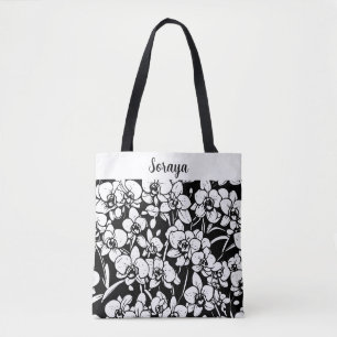 personalised black and white orchids tote bag