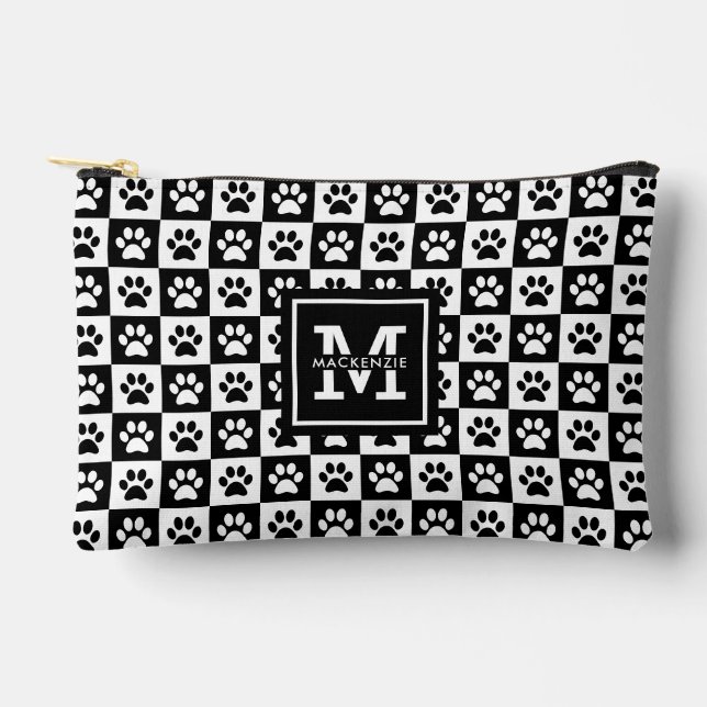 Personalised Black and White Paw Print Pattern Accessory Pouch (Front)