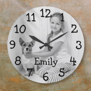 Personalised Black and White Photo Name Large Clock