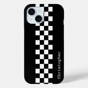 Personalised Black and White Racing Checks iPhone 15 Case