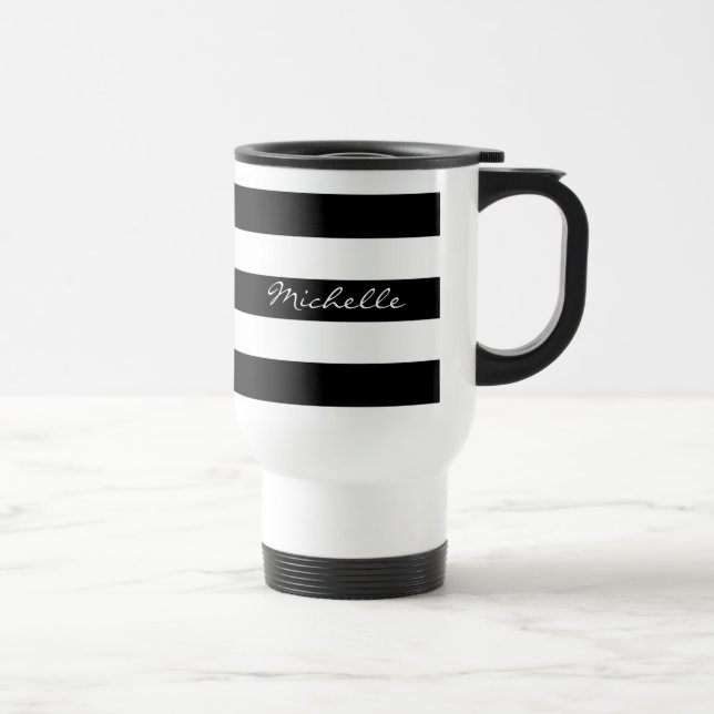 Personalised Black and White Striped Travel Mug (Right)