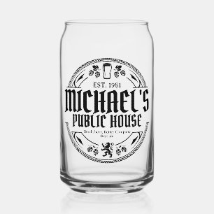Personalised Black and White Vintage Pub Sign Can Glass