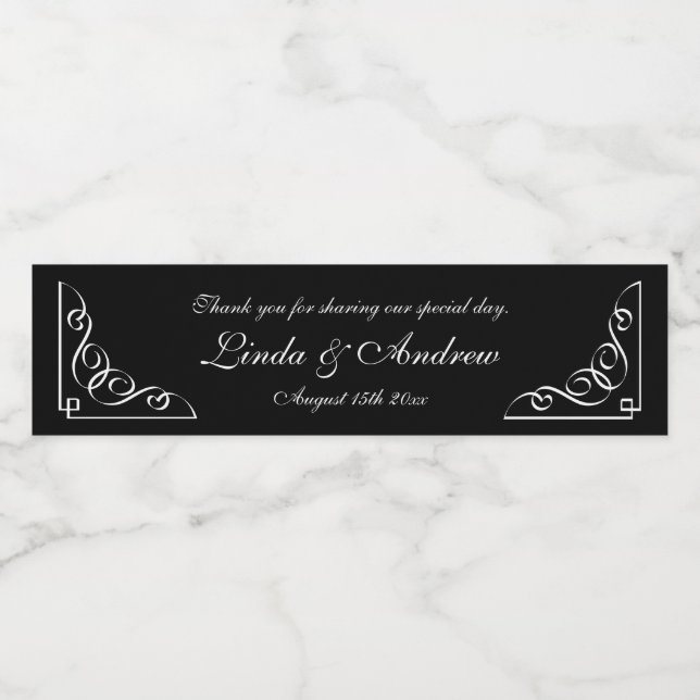 Personalised black and white wedding party favour water bottle label (Single Label)