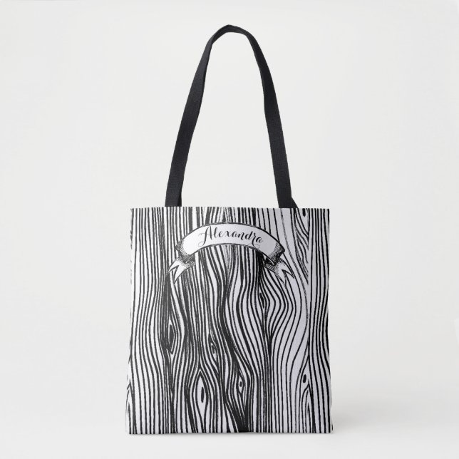 Personalised Black and White Wood Grain Pattern Tote Bag (Front)