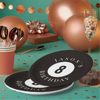 Personalised Black Billiard Pool Ball Birthday  Paper Plate