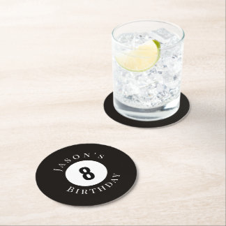 Personalised Black Billiard Pool Ball Birthday Rou Round Paper Coaster