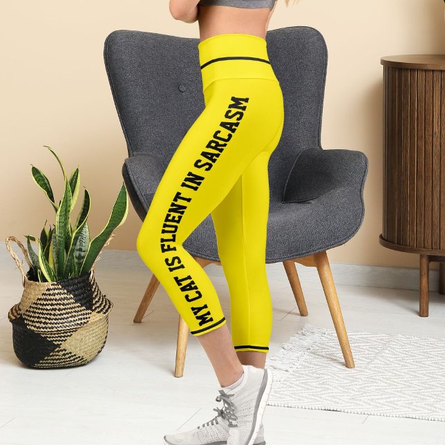 Personalised Black Bright Yellow Fun Comic Pet Cat Capri Leggings (Creator Uploaded)