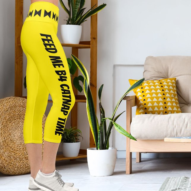 Personalised Black Bright Yellow Stripes Stylish Capri Leggings (Creator Uploaded)