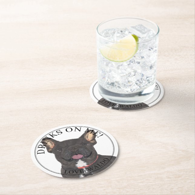 Personalised Black Brindle Frenchie French Bulldog Round Paper Coaster (Insitu)