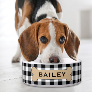 Personalised Black Buffalo Plaid Dog Bone Name Bowl