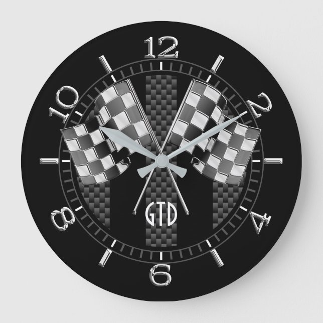 Personalised Black Carbon Style Racing Stripes Large Clock (Front)