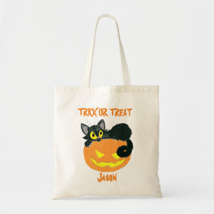 Personalised Black Cat And Pumpkin Trick or Treat Tote Bag