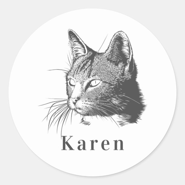 Personalised Black Cat Artistic Hand Sketched Classic Round Sticker (Front)