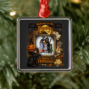 Personalised Black Cat Halloween Family Photo Fram Metal Tree Decoration