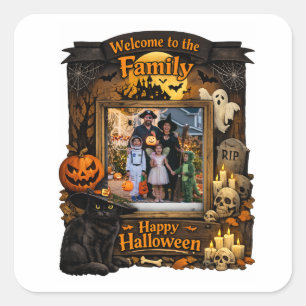 Personalised Black Cat Halloween Family Photo Fram Square Sticker
