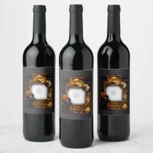 Personalised Black Cat Halloween Family Photo Fram Wine Label
