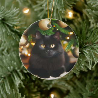 Personalised Black Cat in Front of Christmas Tree Ceramic Tree Decoration