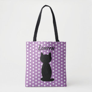 Personalised Black Cat Silhouette Polka Dots   Tote Bag